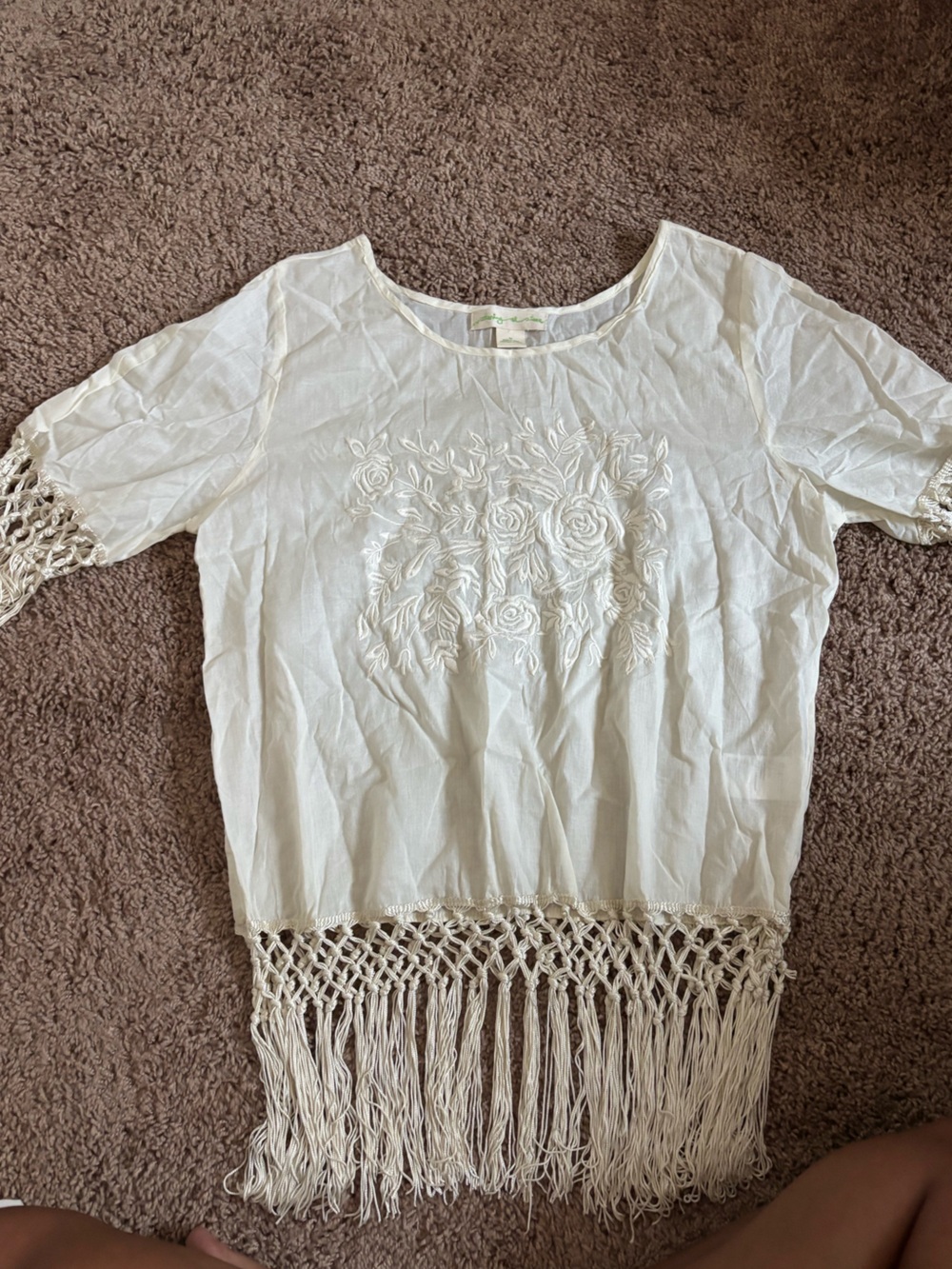 White floral embroidered long sleeve with fringe
